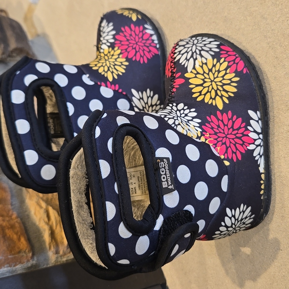 Bogs Kids Black Boots with Polka Dots and Floral Design